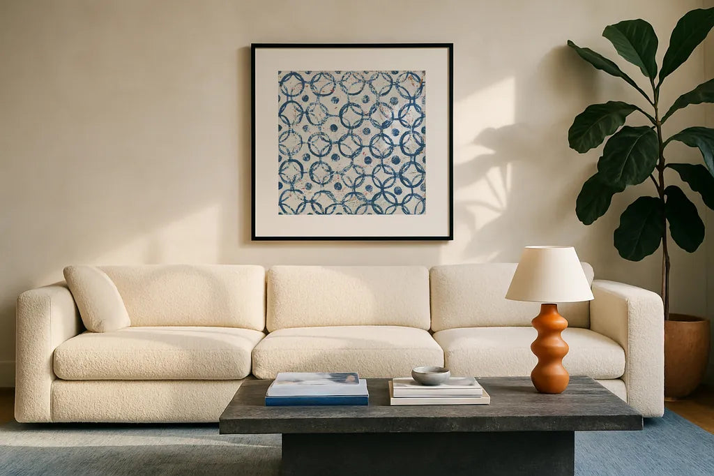 Maki Tile XII by Kathrine Lovell. Displayed in a glass frame with matte in a clean modern living room. Available as an archival giclee rolled canvas, fine art paper, or poster print. SKU 24428a.