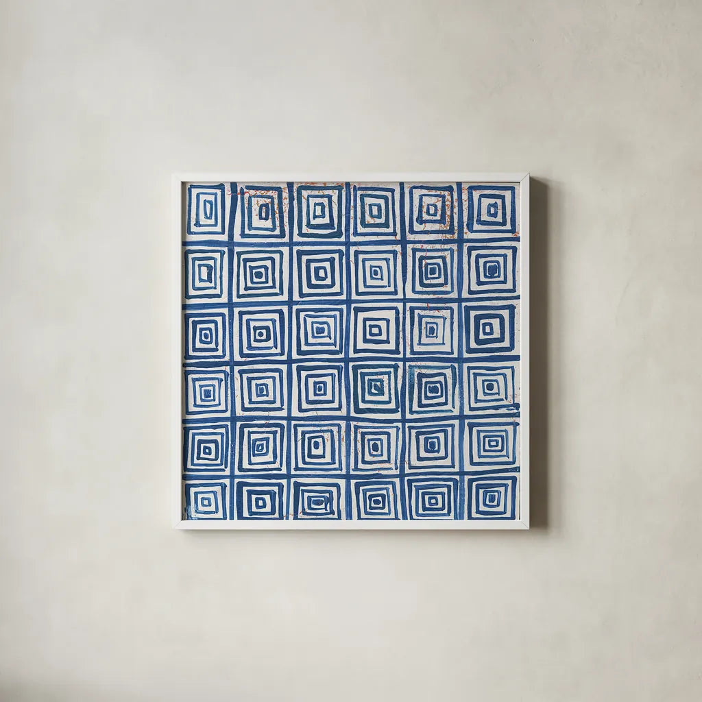 Maki Tile XIV by Kathrine Lovell. Shown in a crisp white glass frame for a clean and minimalist style. Available as an archival giclee rolled canvas, fine art paper, or poster print. SKU 24430a.