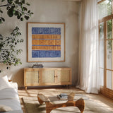 Mix and Match II by Kathrine Lovell. Shown in a natural wood frame in a cozy modern living room. Available as an archival giclee rolled canvas, fine art paper, or poster print. SKU 84976a.