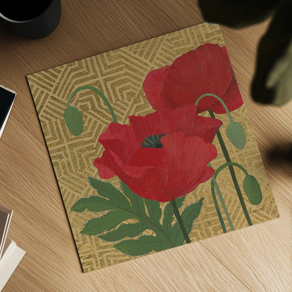 More Poppies with Pattern by Kathrine Lovell. Shown as a detailed flat fine art print, highlighting archival giclee quality. Available as an archival giclee rolled canvas, fine art paper, or poster print. SKU 29735a.