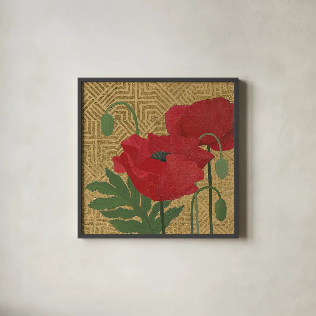 More Poppies with Pattern by Kathrine Lovell. Shown in a sleek black glass frame for a contemporary gallery look. Available as an archival giclee rolled canvas, fine art paper, or poster print. SKU 29735a.