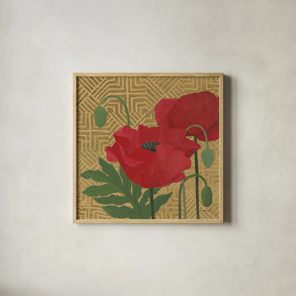 More Poppies with Pattern by Kathrine Lovell. Shown in a natural wood glass frame for a timeless modern aesthetic. Available as an archival giclee rolled canvas, fine art paper, or poster print. SKU 29735a.