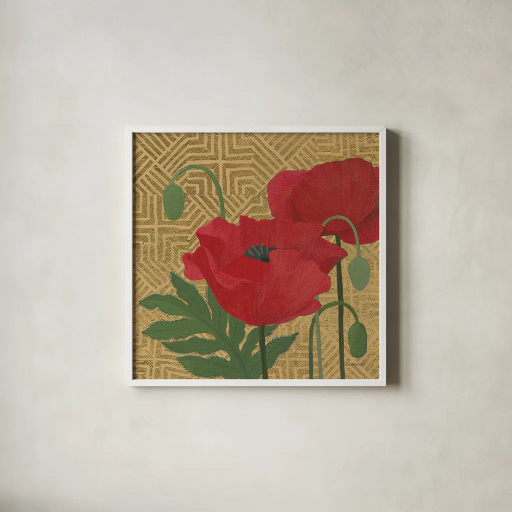 More Poppies with Pattern by Kathrine Lovell. Shown in a crisp white glass frame for a clean and minimalist style. Available as an archival giclee rolled canvas, fine art paper, or poster print. SKU 29735a.
