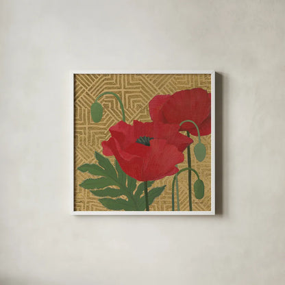 More Poppies with Pattern by Kathrine Lovell. Shown in a crisp white glass frame for a clean and minimalist style. Available as an archival giclee rolled canvas, fine art paper, or poster print. SKU 29735a.