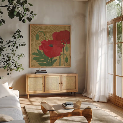 More Poppies with Pattern by Kathrine Lovell. Shown in a natural wood frame in a cozy modern living room. Available as an archival giclee rolled canvas, fine art paper, or poster print. SKU 29735a.
