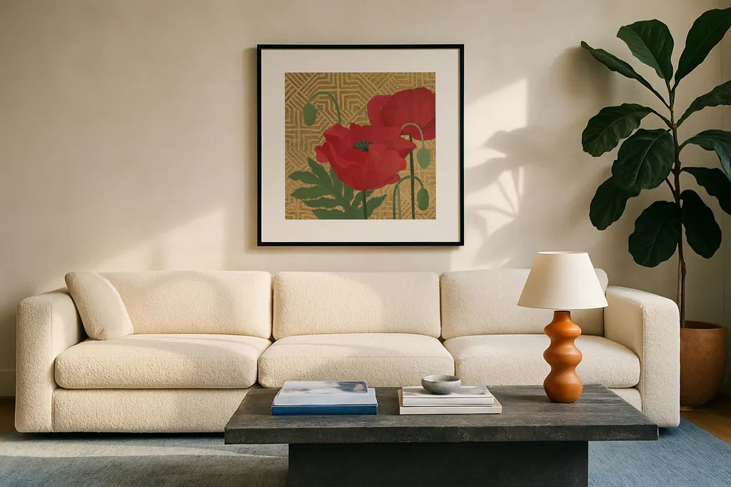 More Poppies with Pattern by Kathrine Lovell. Displayed in a glass frame with matte in a clean modern living room. Available as an archival giclee rolled canvas, fine art paper, or poster print. SKU 29735a.