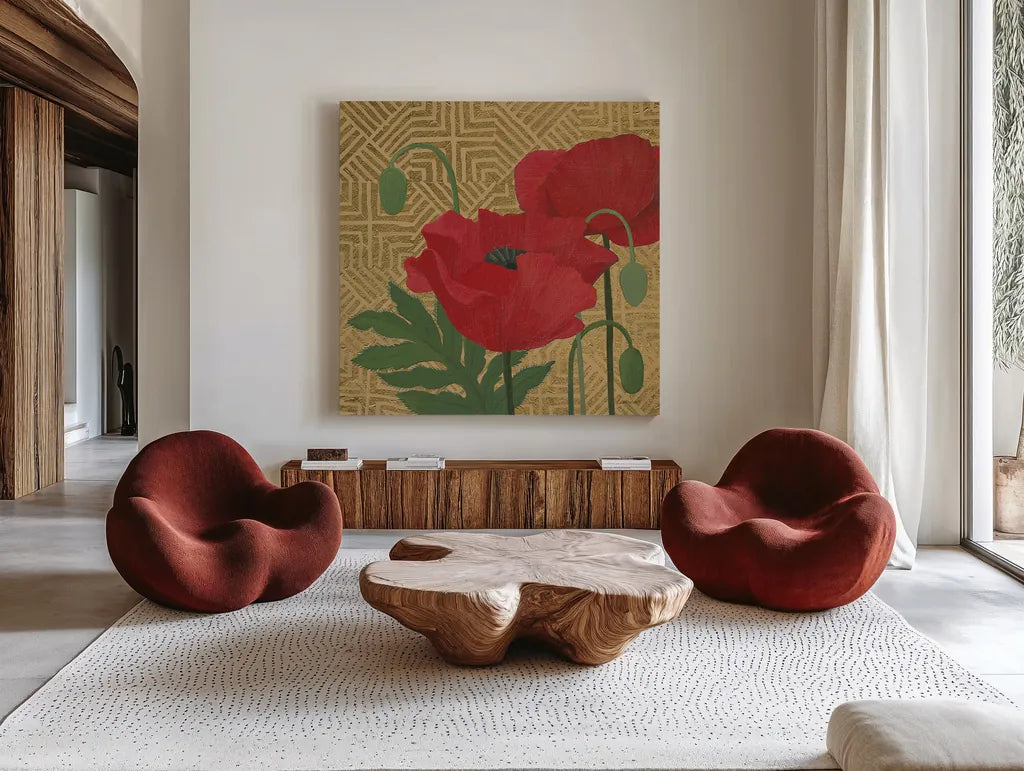 More Poppies with Pattern by Kathrine Lovell. Shown as extra-large giant wall art in a modern living room. Available as an archival giclee rolled canvas, fine art paper, or poster print. SKU 29735a.