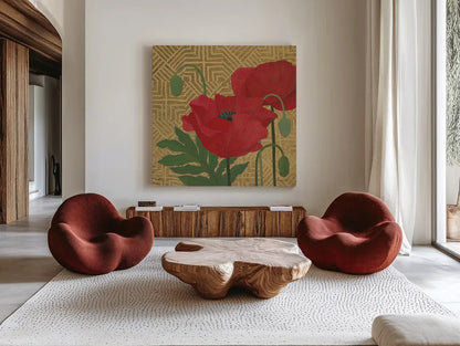 More Poppies with Pattern by Kathrine Lovell. Shown as extra-large giant wall art in a modern living room. Available as an archival giclee rolled canvas, fine art paper, or poster print. SKU 29735a.