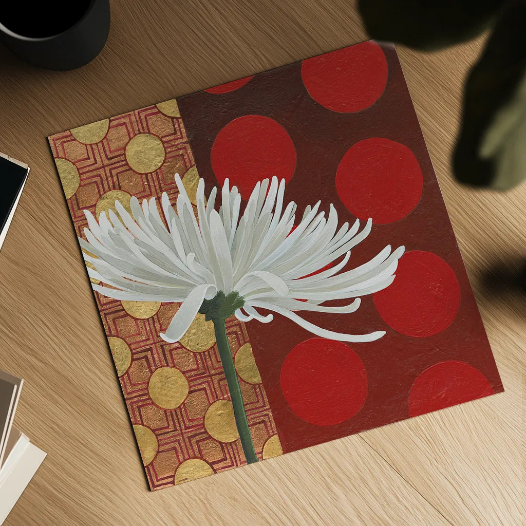 Morning Chrysanthemum I by Kathrine Lovell. Shown as a detailed flat fine art print, highlighting archival giclee quality. Available as an archival giclee rolled canvas, fine art paper, or poster print. SKU 28128a.