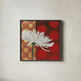 Morning Chrysanthemum I by Kathrine Lovell. Shown in a sleek black glass frame for a contemporary gallery look. Available as an archival giclee rolled canvas, fine art paper, or poster print. SKU 28128a.
