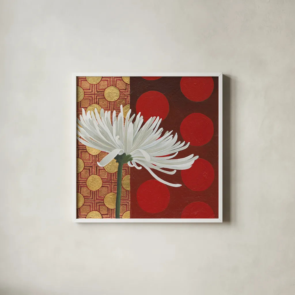 Morning Chrysanthemum I by Kathrine Lovell. Shown in a crisp white glass frame for a clean and minimalist style. Available as an archival giclee rolled canvas, fine art paper, or poster print. SKU 28128a.