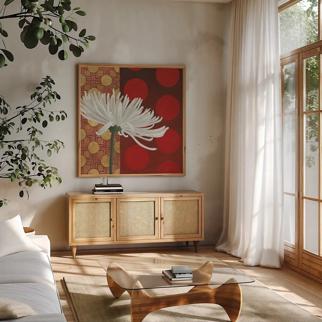 Morning Chrysanthemum I by Kathrine Lovell. Shown in a natural wood frame in a cozy modern living room. Available as an archival giclee rolled canvas, fine art paper, or poster print. SKU 28128a.