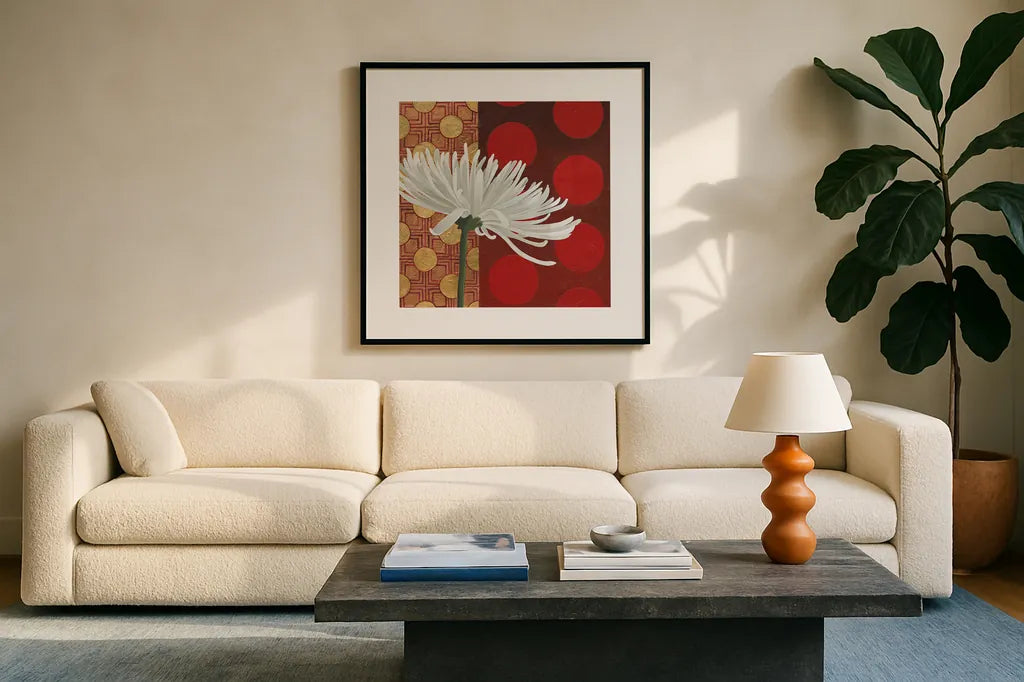 Morning Chrysanthemum I by Kathrine Lovell. Displayed in a glass frame with matte in a clean modern living room. Available as an archival giclee rolled canvas, fine art paper, or poster print. SKU 28128a.