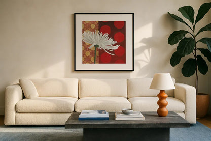 Morning Chrysanthemum I by Kathrine Lovell. Displayed in a glass frame with matte in a clean modern living room. Available as an archival giclee rolled canvas, fine art paper, or poster print. SKU 28128a.