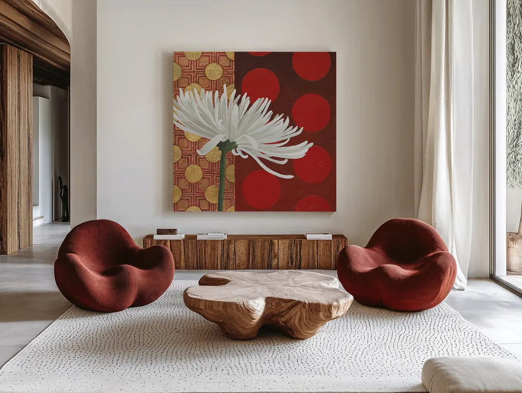 Morning Chrysanthemum I by Kathrine Lovell. Shown as extra-large giant wall art in a modern living room. Available as an archival giclee rolled canvas, fine art paper, or poster print. SKU 28128a.
