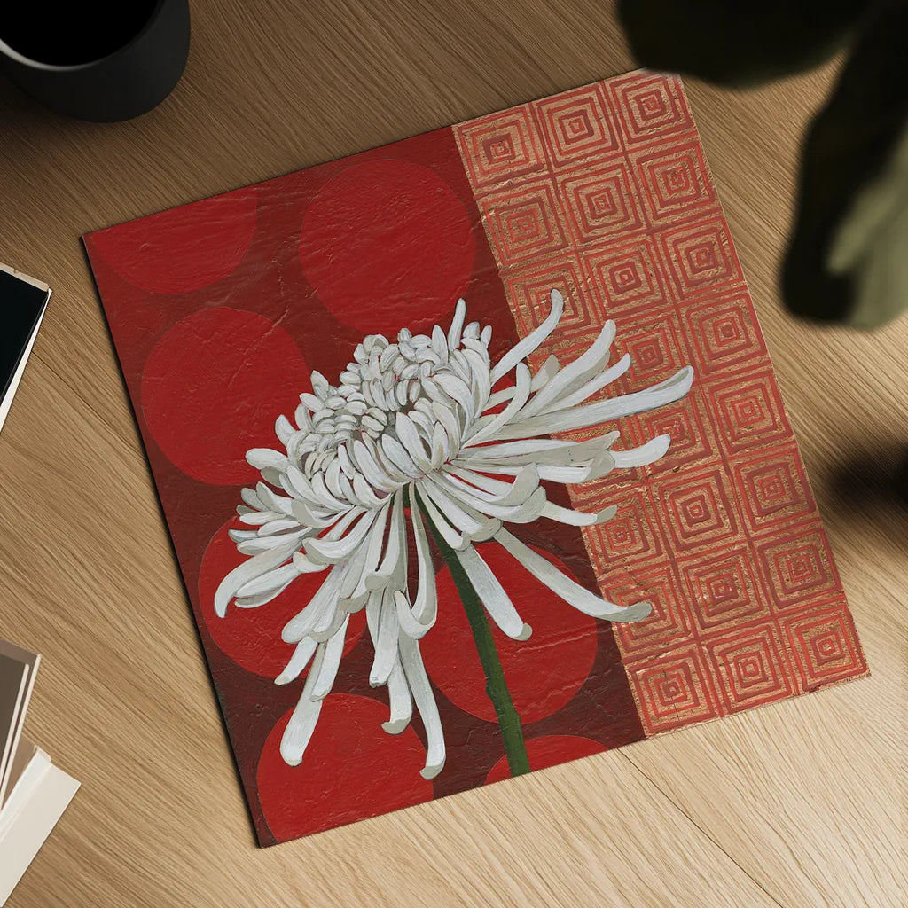 Morning Chrysanthemum II by Kathrine Lovell. Shown as a detailed flat fine art print, highlighting archival giclee quality. Available as an archival giclee rolled canvas, fine art paper, or poster print. SKU 28129a.