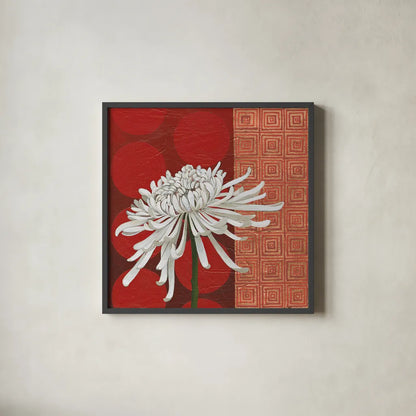 Morning Chrysanthemum II by Kathrine Lovell. Shown in a sleek black glass frame for a contemporary gallery look. Available as an archival giclee rolled canvas, fine art paper, or poster print. SKU 28129a.