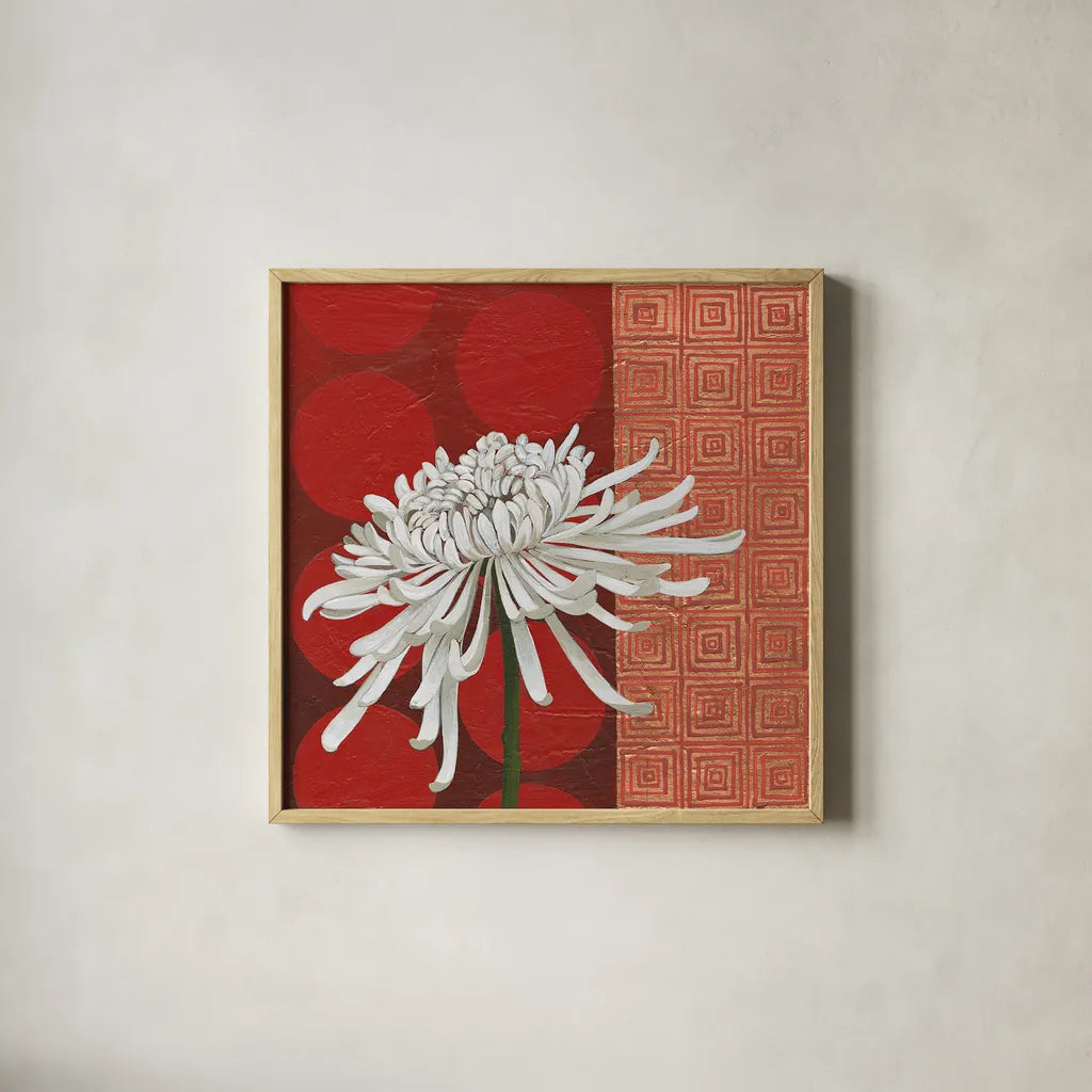 Morning Chrysanthemum II by Kathrine Lovell. Shown in a natural wood glass frame for a timeless modern aesthetic. Available as an archival giclee rolled canvas, fine art paper, or poster print. SKU 28129a.
