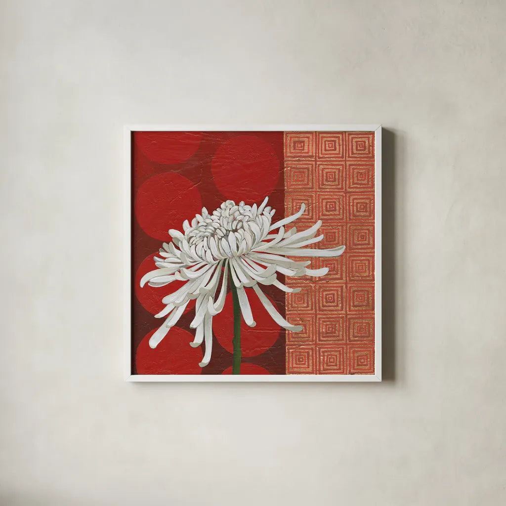 Morning Chrysanthemum II by Kathrine Lovell. Shown in a crisp white glass frame for a clean and minimalist style. Available as an archival giclee rolled canvas, fine art paper, or poster print. SKU 28129a.