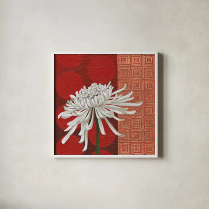 Morning Chrysanthemum II by Kathrine Lovell. Shown in a crisp white glass frame for a clean and minimalist style. Available as an archival giclee rolled canvas, fine art paper, or poster print. SKU 28129a.