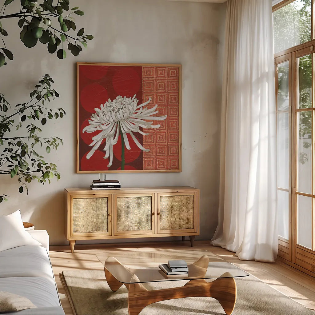 Morning Chrysanthemum II by Kathrine Lovell. Shown in a natural wood frame in a cozy modern living room. Available as an archival giclee rolled canvas, fine art paper, or poster print. SKU 28129a.