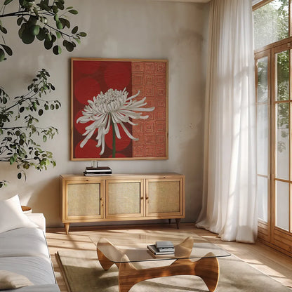 Morning Chrysanthemum II by Kathrine Lovell. Shown in a natural wood frame in a cozy modern living room. Available as an archival giclee rolled canvas, fine art paper, or poster print. SKU 28129a.
