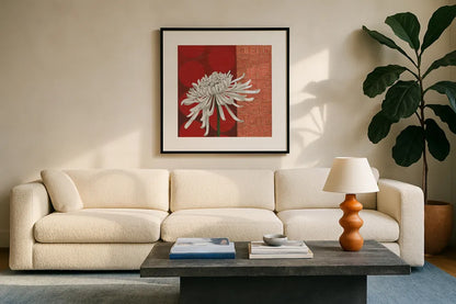 Morning Chrysanthemum II by Kathrine Lovell. Displayed in a glass frame with matte in a clean modern living room. Available as an archival giclee rolled canvas, fine art paper, or poster print. SKU 28129a.