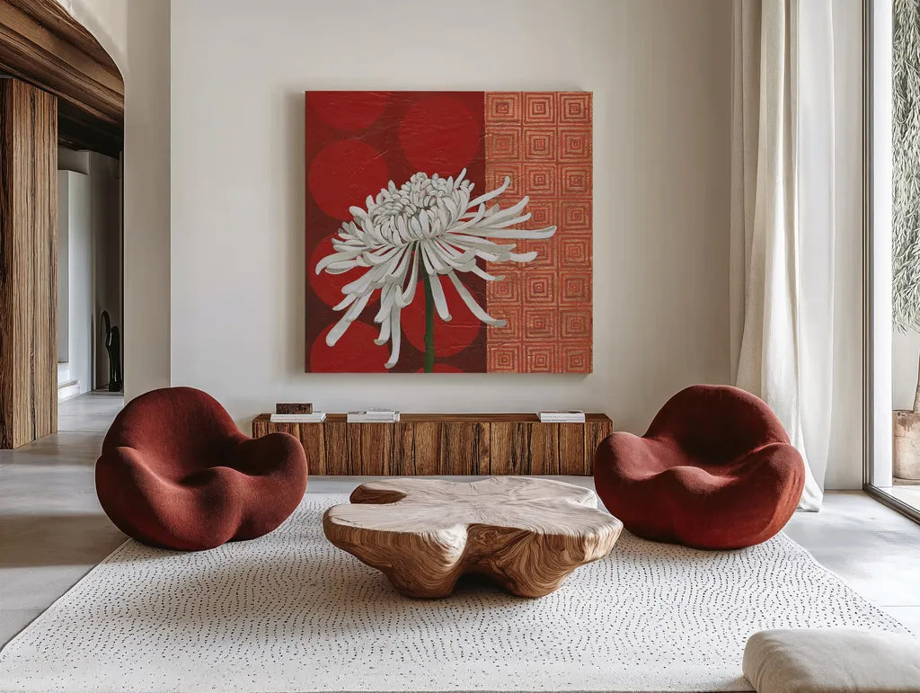 Morning Chrysanthemum II by Kathrine Lovell. Shown as extra-large giant wall art in a modern living room. Available as an archival giclee rolled canvas, fine art paper, or poster print. SKU 28129a.