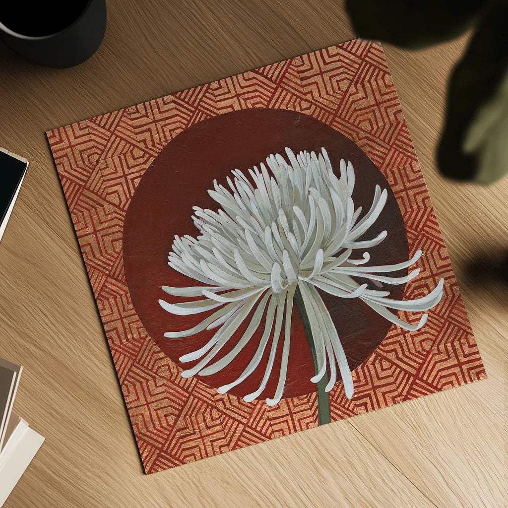 Morning Chrysanthemum III by Kathrine Lovell. Shown as a detailed flat fine art print, highlighting archival giclee quality. Available as an archival giclee rolled canvas, fine art paper, or poster print. SKU 28130a.