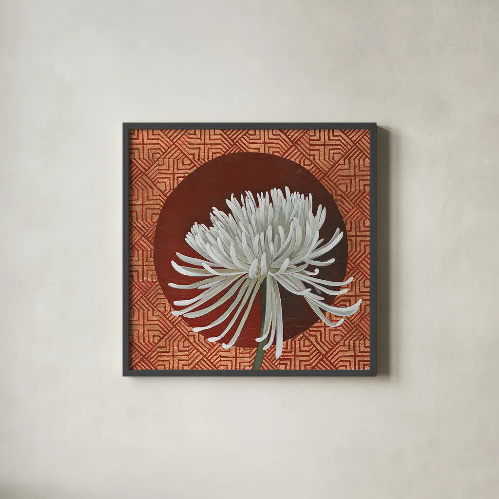 Morning Chrysanthemum III by Kathrine Lovell. Shown in a sleek black glass frame for a contemporary gallery look. Available as an archival giclee rolled canvas, fine art paper, or poster print. SKU 28130a.