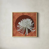 Morning Chrysanthemum III by Kathrine Lovell. Shown in a natural wood glass frame for a timeless modern aesthetic. Available as an archival giclee rolled canvas, fine art paper, or poster print. SKU 28130a.