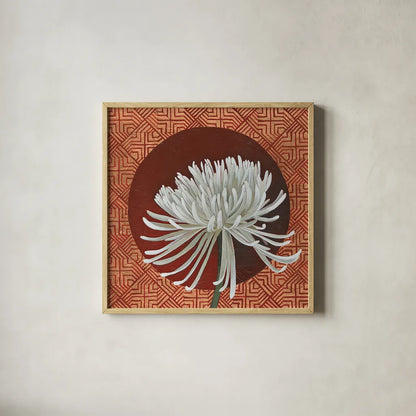 Morning Chrysanthemum III by Kathrine Lovell. Shown in a natural wood glass frame for a timeless modern aesthetic. Available as an archival giclee rolled canvas, fine art paper, or poster print. SKU 28130a.