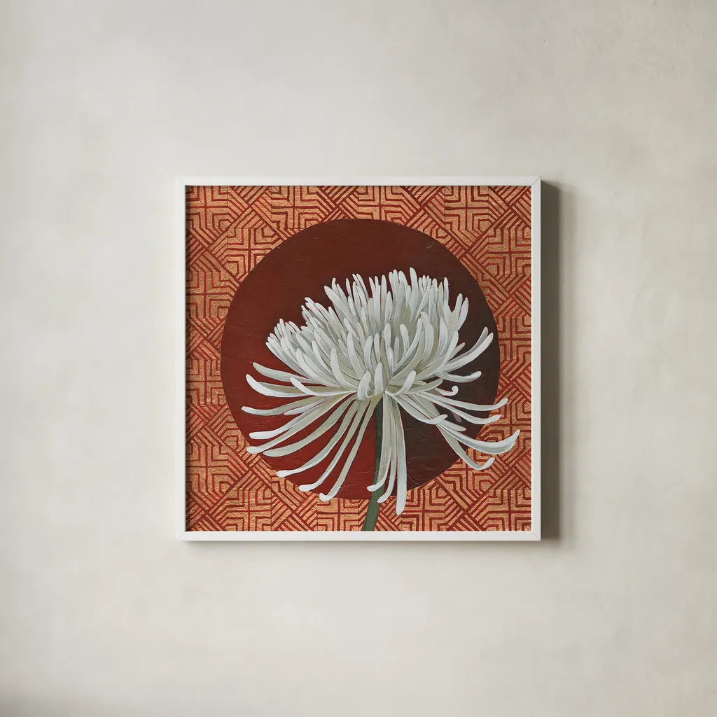 Morning Chrysanthemum III by Kathrine Lovell. Shown in a crisp white glass frame for a clean and minimalist style. Available as an archival giclee rolled canvas, fine art paper, or poster print. SKU 28130a.