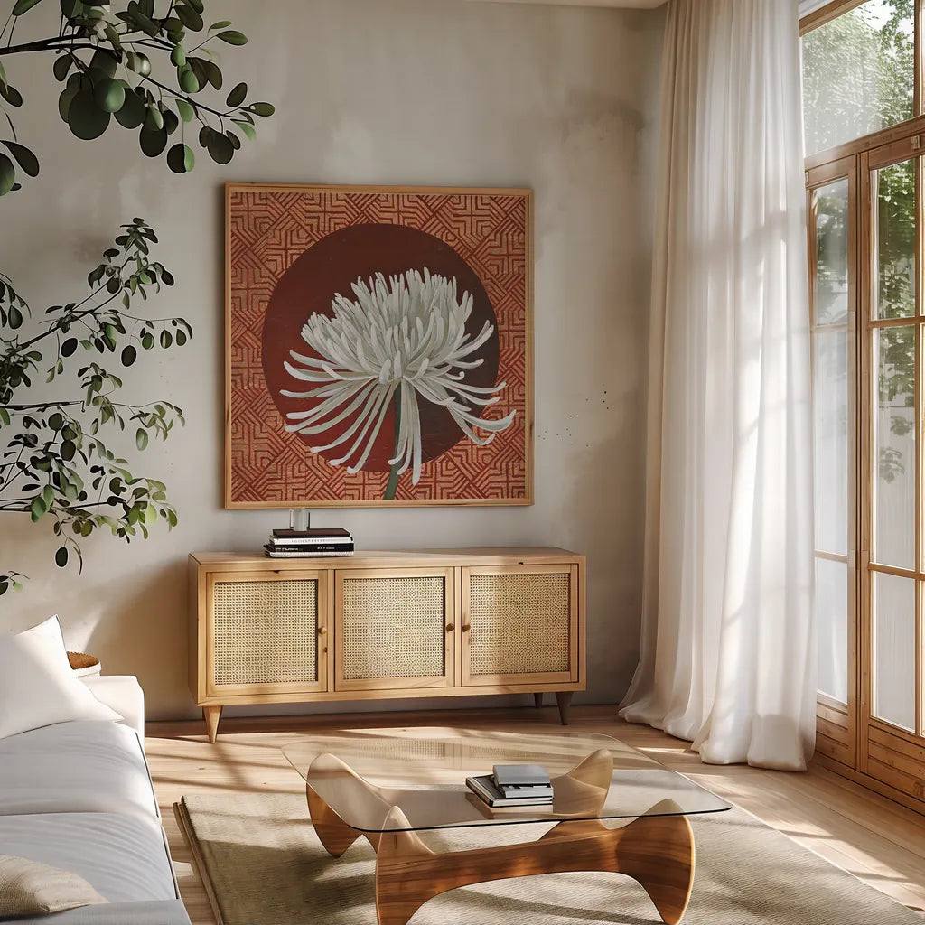 Morning Chrysanthemum III by Kathrine Lovell. Shown in a natural wood frame in a cozy modern living room. Available as an archival giclee rolled canvas, fine art paper, or poster print. SKU 28130a.