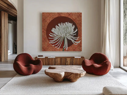 Morning Chrysanthemum III by Kathrine Lovell. Shown as extra-large giant wall art in a modern living room. Available as an archival giclee rolled canvas, fine art paper, or poster print. SKU 28130a.