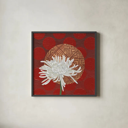 Morning Chrysanthemum IV by Kathrine Lovell. Shown in a sleek black glass frame for a contemporary gallery look. Available as an archival giclee rolled canvas, fine art paper, or poster print. SKU 28131a.