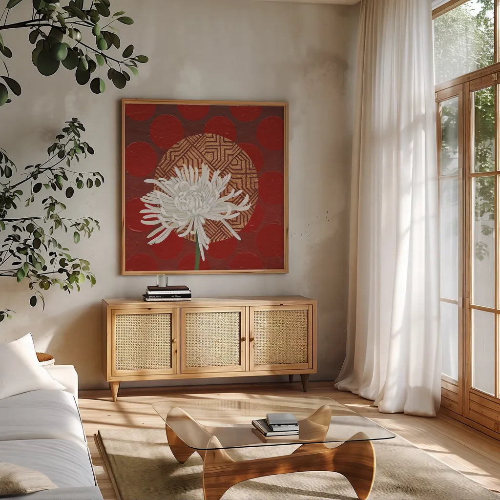 Morning Chrysanthemum IV by Kathrine Lovell. Shown in a natural wood frame in a cozy modern living room. Available as an archival giclee rolled canvas, fine art paper, or poster print. SKU 28131a.