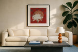 Morning Chrysanthemum IV by Kathrine Lovell. Displayed in a glass frame with matte in a clean modern living room. Available as an archival giclee rolled canvas, fine art paper, or poster print. SKU 28131a.