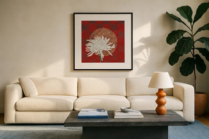 Morning Chrysanthemum IV by Kathrine Lovell. Displayed in a glass frame with matte in a clean modern living room. Available as an archival giclee rolled canvas, fine art paper, or poster print. SKU 28131a.