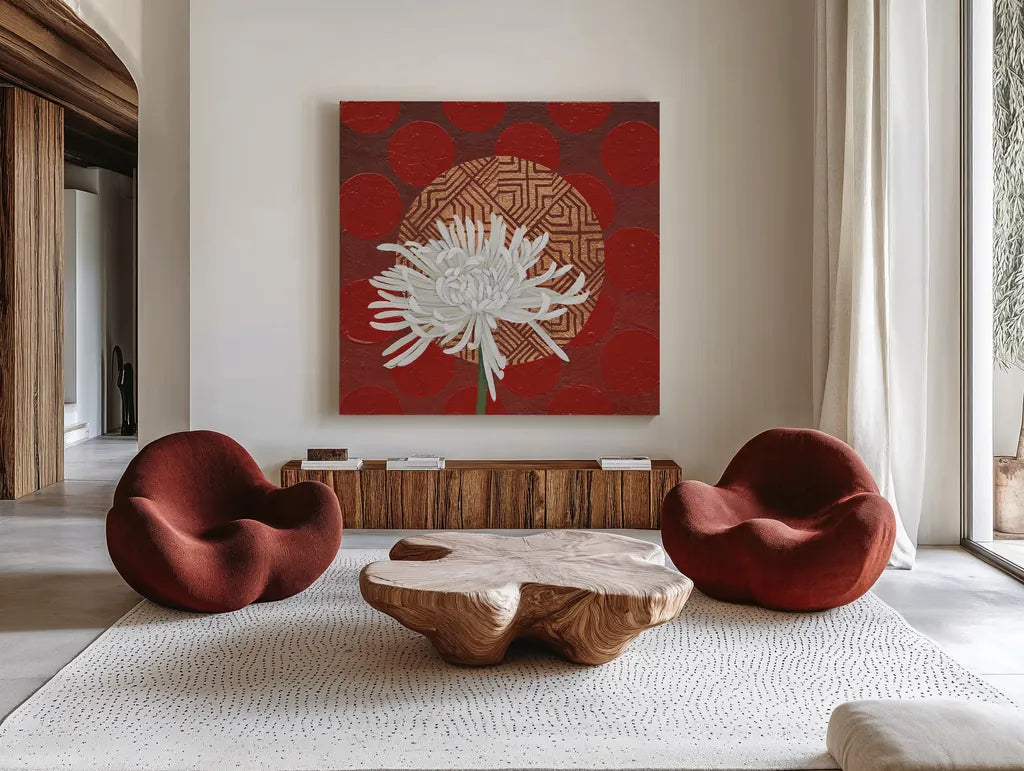 Morning Chrysanthemum IV by Kathrine Lovell. Shown as extra-large giant wall art in a modern living room. Available as an archival giclee rolled canvas, fine art paper, or poster print. SKU 28131a.