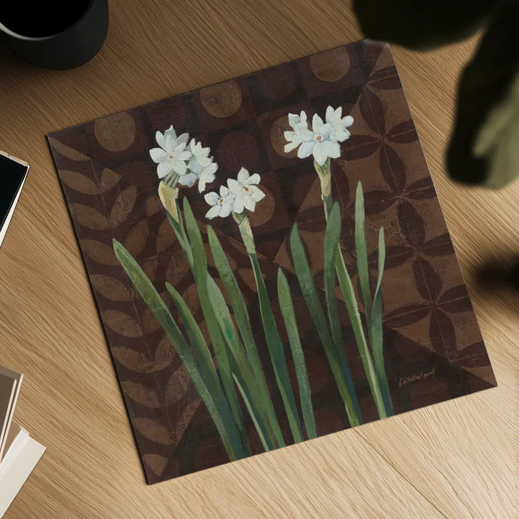 Narcissus on Brown I by Kathrine Lovell. Shown as a detailed flat fine art print, highlighting archival giclee quality. Available as an archival giclee rolled canvas, fine art paper, or poster print. SKU 9136a.
