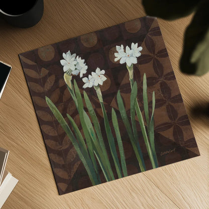 Narcissus on Brown I by Kathrine Lovell. Shown as a detailed flat fine art print, highlighting archival giclee quality. Available as an archival giclee rolled canvas, fine art paper, or poster print. SKU 9136a.