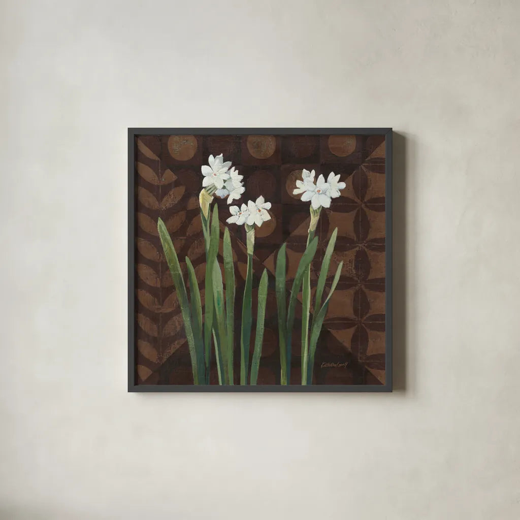 Narcissus on Brown I by Kathrine Lovell. Shown in a sleek black glass frame for a contemporary gallery look. Available as an archival giclee rolled canvas, fine art paper, or poster print. SKU 9136a.