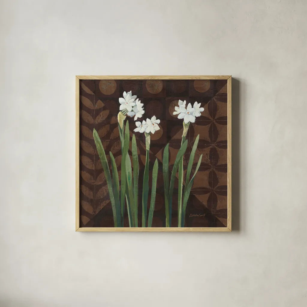 Narcissus on Brown I by Kathrine Lovell. Shown in a natural wood glass frame for a timeless modern aesthetic. Available as an archival giclee rolled canvas, fine art paper, or poster print. SKU 9136a.