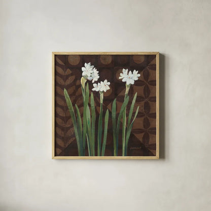 Narcissus on Brown I by Kathrine Lovell. Shown in a natural wood glass frame for a timeless modern aesthetic. Available as an archival giclee rolled canvas, fine art paper, or poster print. SKU 9136a.