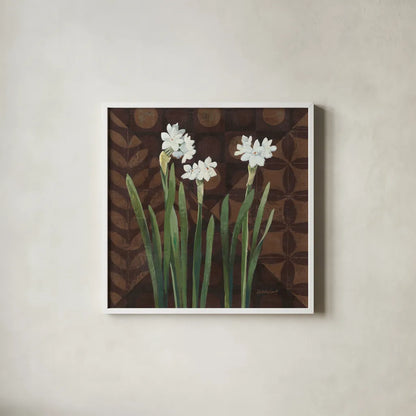 Narcissus on Brown I by Kathrine Lovell. Shown in a crisp white glass frame for a clean and minimalist style. Available as an archival giclee rolled canvas, fine art paper, or poster print. SKU 9136a.