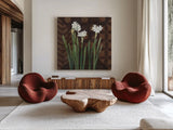 Narcissus on Brown I by Kathrine Lovell. Shown as extra-large giant wall art in a modern living room. Available as an archival giclee rolled canvas, fine art paper, or poster print. SKU 9136a.