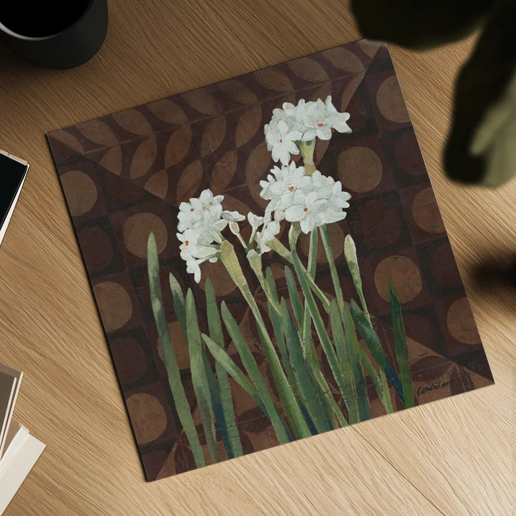 Narcissus on Brown II by Kathrine Lovell. Shown as a detailed flat fine art print, highlighting archival giclee quality. Available as an archival giclee rolled canvas, fine art paper, or poster print. SKU 9137a.