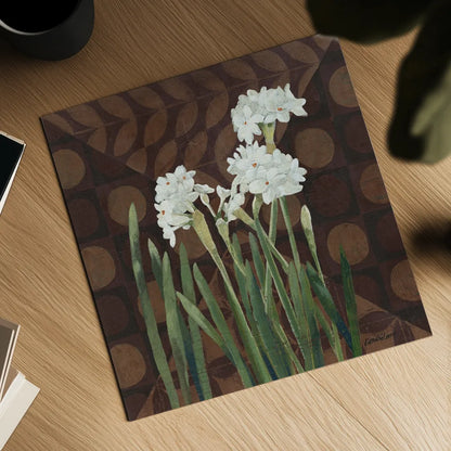 Narcissus on Brown II by Kathrine Lovell. Shown as a detailed flat fine art print, highlighting archival giclee quality. Available as an archival giclee rolled canvas, fine art paper, or poster print. SKU 9137a.