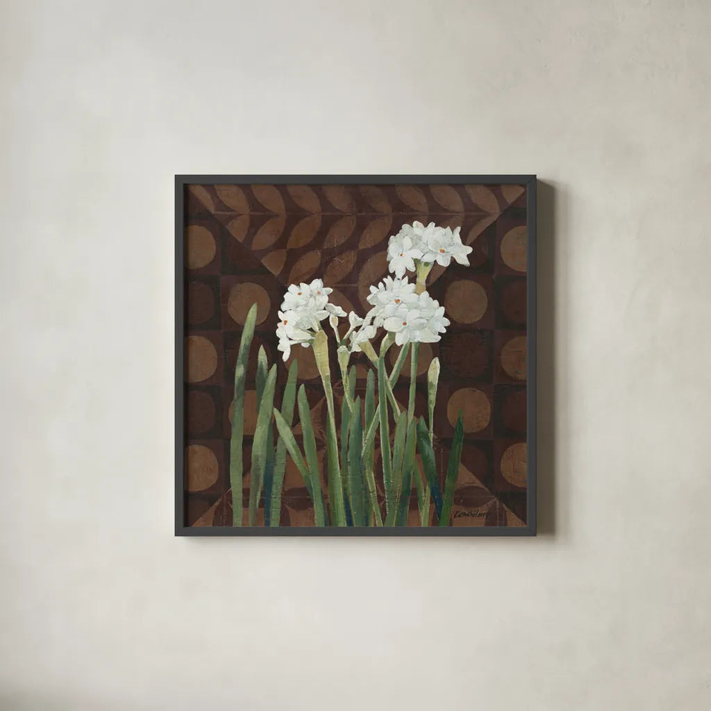 Narcissus on Brown II by Kathrine Lovell. Shown in a sleek black glass frame for a contemporary gallery look. Available as an archival giclee rolled canvas, fine art paper, or poster print. SKU 9137a.